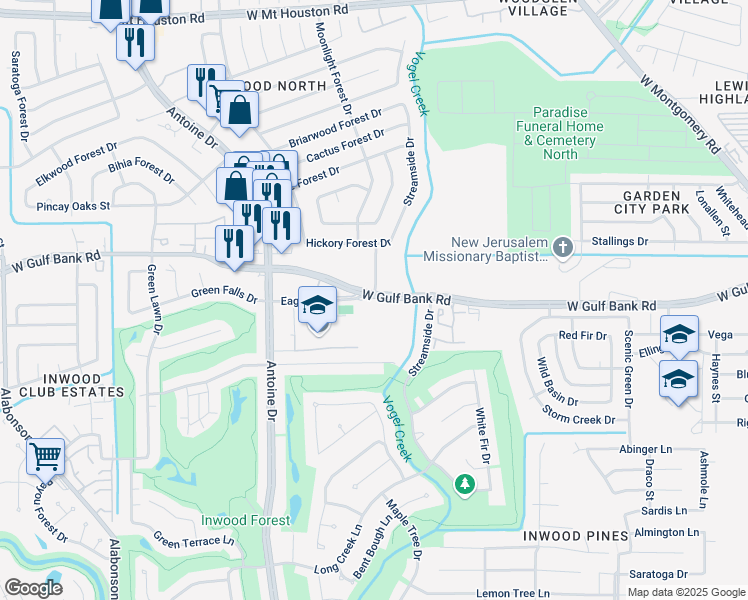 map of restaurants, bars, coffee shops, grocery stores, and more near 1 West Gulf Bank Road in Houston