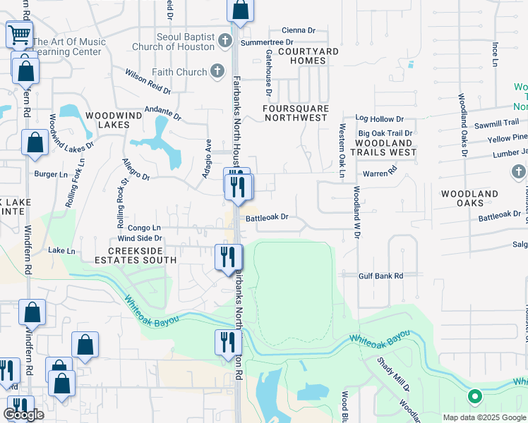 map of restaurants, bars, coffee shops, grocery stores, and more near 8510 Battleoak Drive in Houston