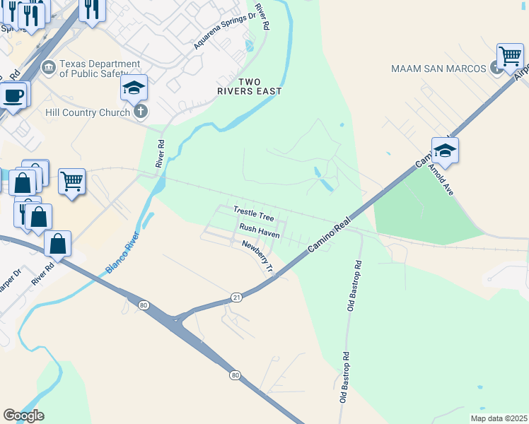 map of restaurants, bars, coffee shops, grocery stores, and more near 232 Trestle Tree in San Marcos