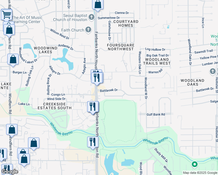 map of restaurants, bars, coffee shops, grocery stores, and more near 8510 Battleoak Drive in Houston