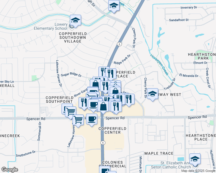 map of restaurants, bars, coffee shops, grocery stores, and more near 7092 Highway 6 in Houston