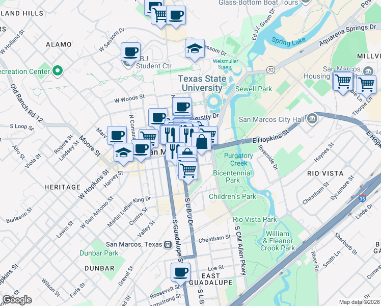 map of restaurants, bars, coffee shops, grocery stores, and more near 216 Old Ranch Road 12 in San Marcos