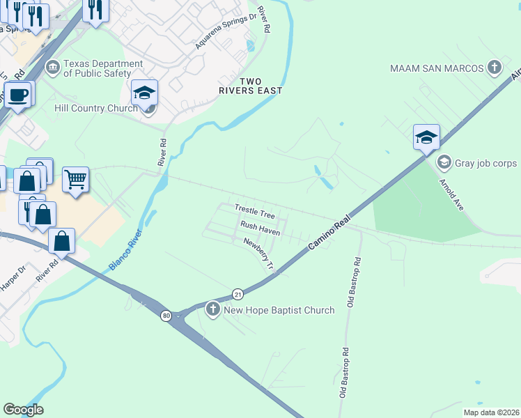 map of restaurants, bars, coffee shops, grocery stores, and more near 238 Trestle Tree in San Marcos