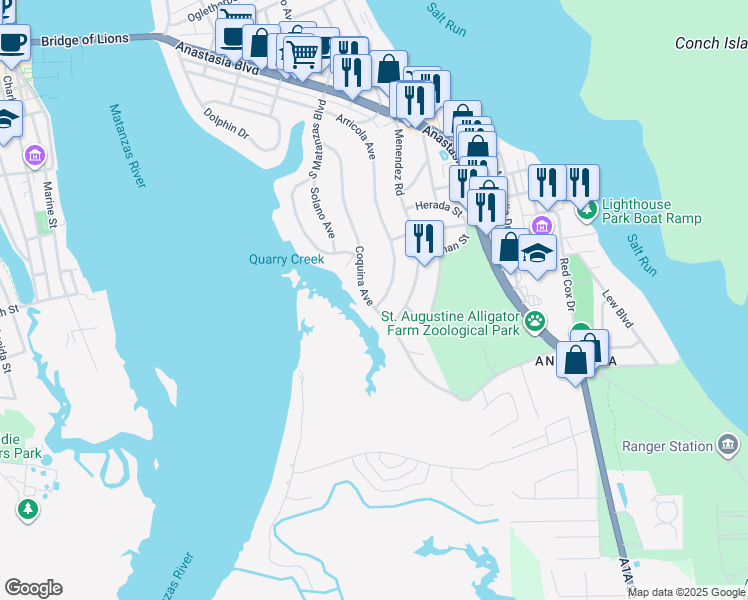 map of restaurants, bars, coffee shops, grocery stores, and more near 92 Coquina Avenue in St. Augustine