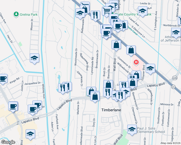 map of restaurants, bars, coffee shops, grocery stores, and more near 521 Bellemeade Boulevard in Gretna