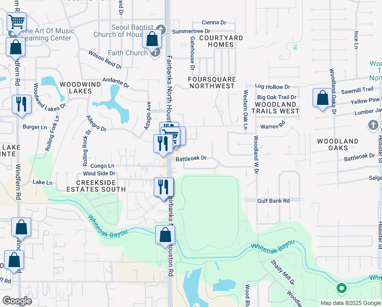 map of restaurants, bars, coffee shops, grocery stores, and more near 8510 Battleoak Drive in Houston