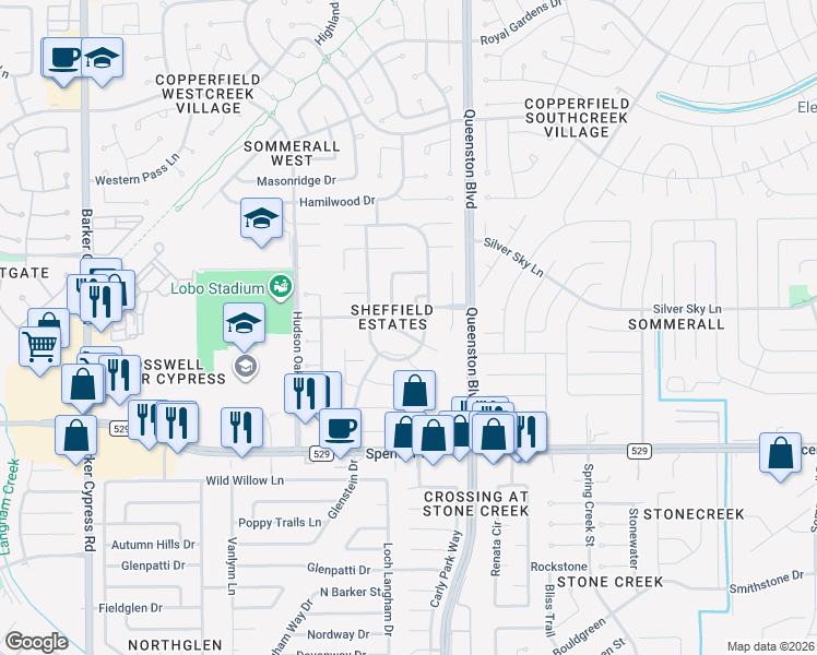 map of restaurants, bars, coffee shops, grocery stores, and more near 17227 Verdant Willow Way in Houston