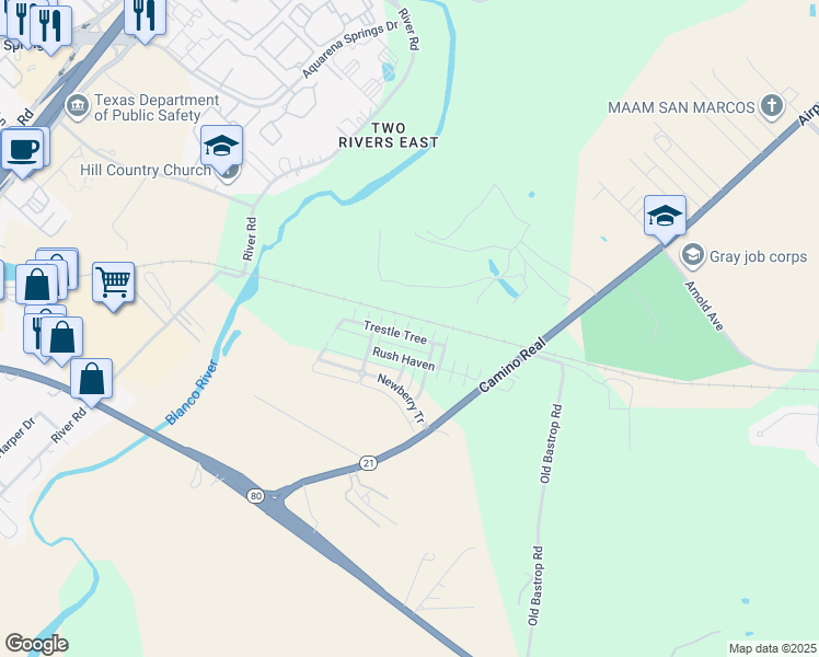 map of restaurants, bars, coffee shops, grocery stores, and more near 232 Trestle Tree in San Marcos
