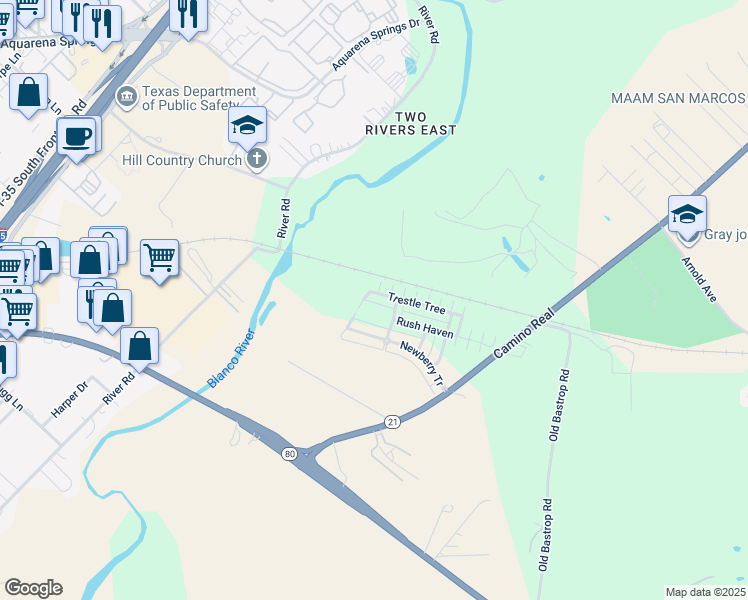 map of restaurants, bars, coffee shops, grocery stores, and more near 335 Rachel Street in San Marcos