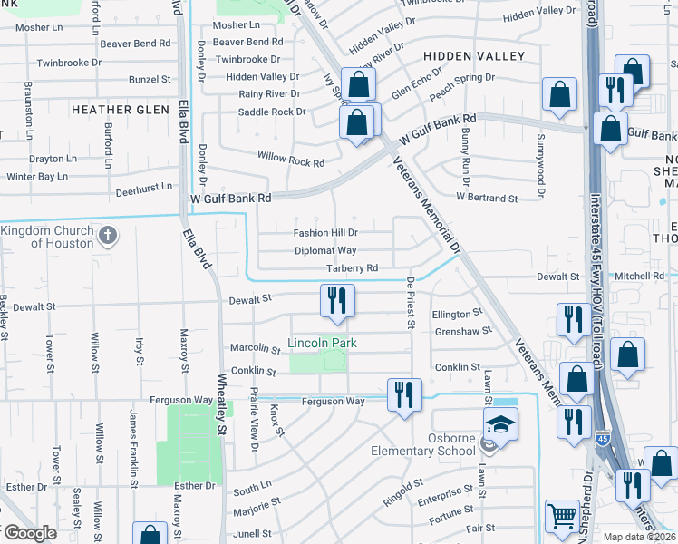 map of restaurants, bars, coffee shops, grocery stores, and more near 1455 Tarberry Road in Houston