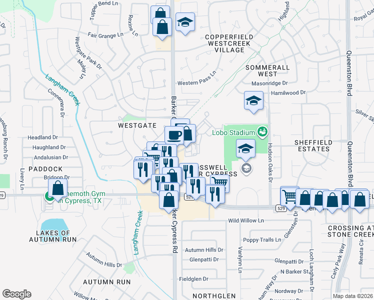 map of restaurants, bars, coffee shops, grocery stores, and more near 7202 Barker Cypress Road in Cypress