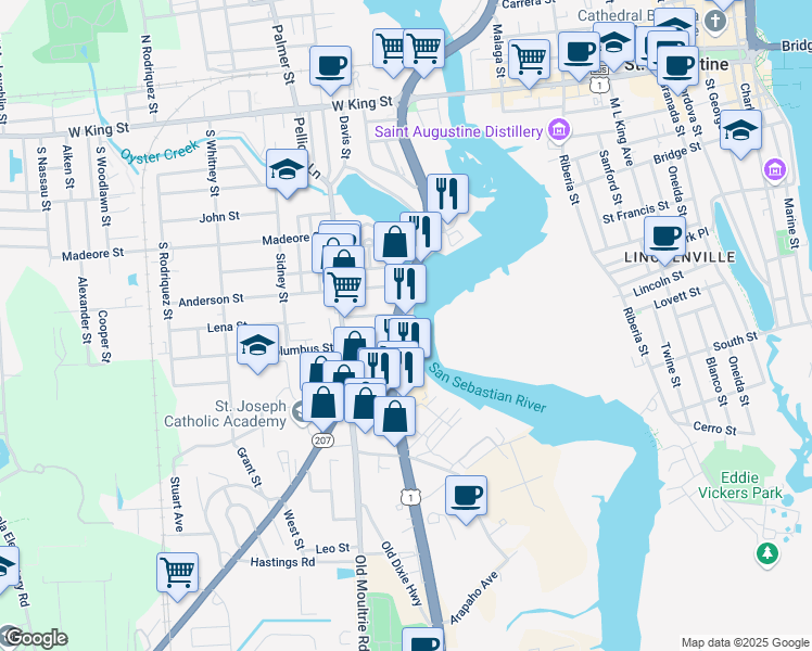 map of restaurants, bars, coffee shops, grocery stores, and more near 601 South Ponce De Leon Boulevard in St. Augustine