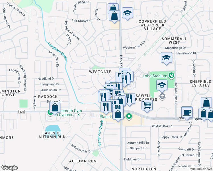 map of restaurants, bars, coffee shops, grocery stores, and more near 18123 Ivory Crossing Lane in Cypress