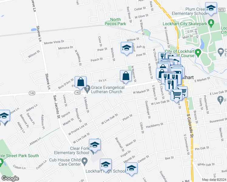 map of restaurants, bars, coffee shops, grocery stores, and more near 714 West San Antonio Street in Lockhart