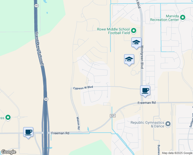 map of restaurants, bars, coffee shops, grocery stores, and more near Westgreen Road in Cypress