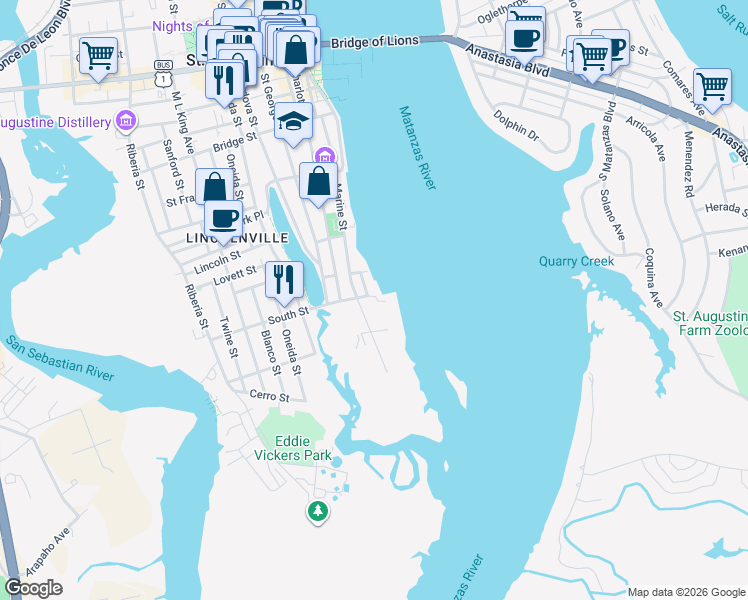 map of restaurants, bars, coffee shops, grocery stores, and more near 155 Marine Street in St. Augustine