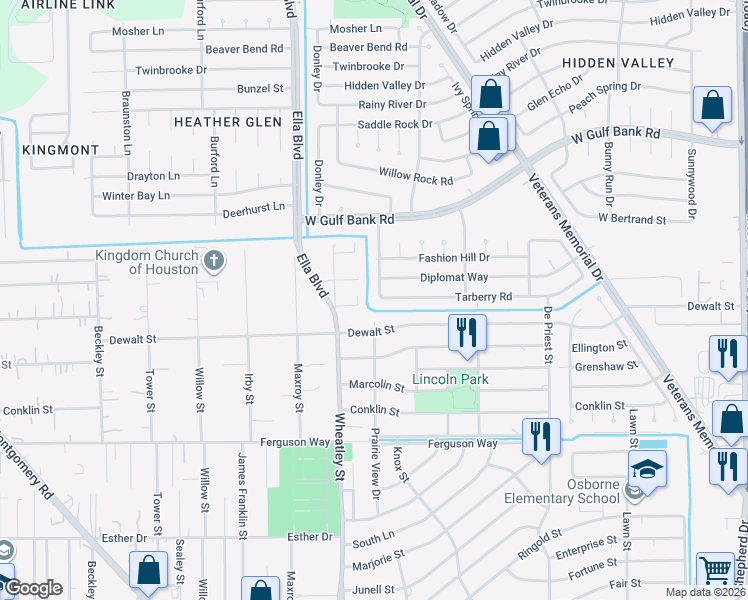 map of restaurants, bars, coffee shops, grocery stores, and more near 8503 Cottage Gate Lane in Houston
