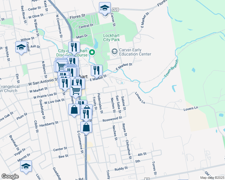 map of restaurants, bars, coffee shops, grocery stores, and more near 805 East Live Oak Street in Lockhart