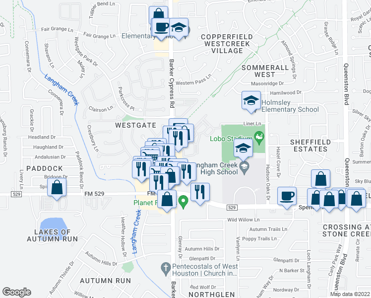 map of restaurants, bars, coffee shops, grocery stores, and more near 7160 Barker Cypress Road in Cypress