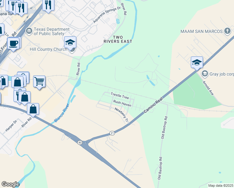 map of restaurants, bars, coffee shops, grocery stores, and more near 303 Trestle Tree in San Marcos