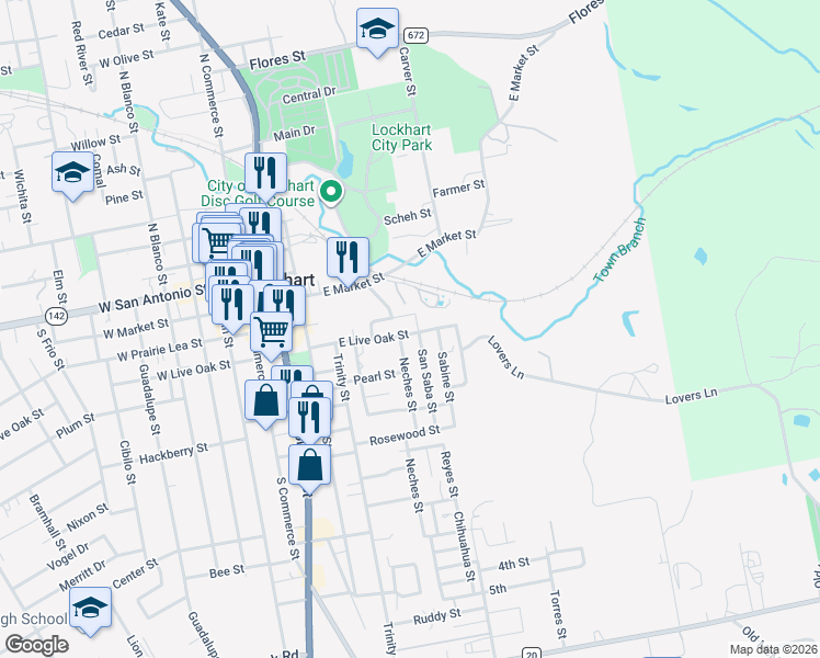 map of restaurants, bars, coffee shops, grocery stores, and more near 805 East Live Oak Street in Lockhart