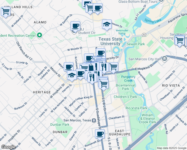 map of restaurants, bars, coffee shops, grocery stores, and more near in San Marcos
