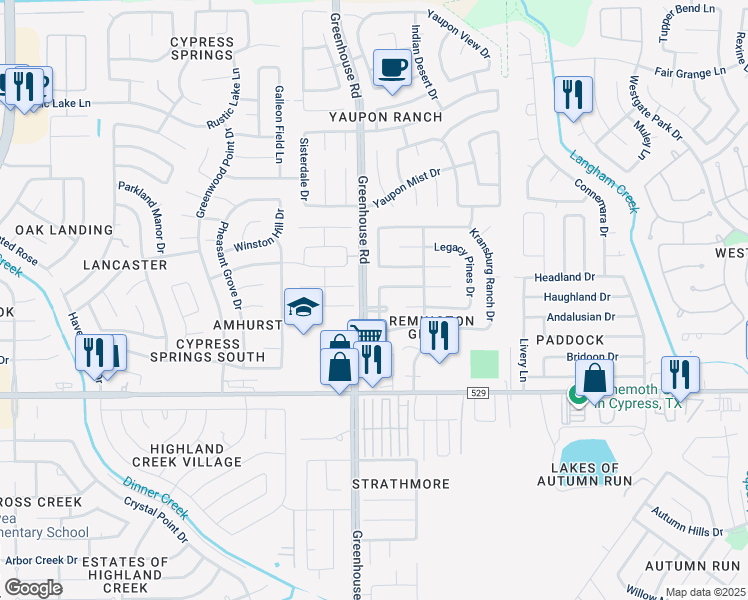 map of restaurants, bars, coffee shops, grocery stores, and more near 7307 Lapis Meadow Drive in Cypress