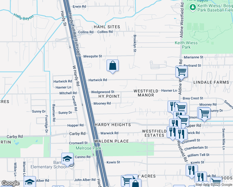 map of restaurants, bars, coffee shops, grocery stores, and more near 1527 Birchwood Street in Houston