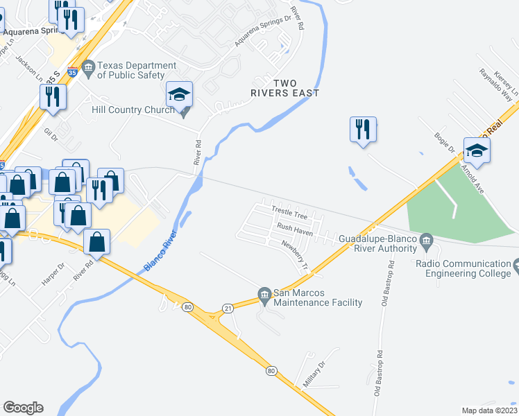 map of restaurants, bars, coffee shops, grocery stores, and more near 325 Trestle Tree in San Marcos