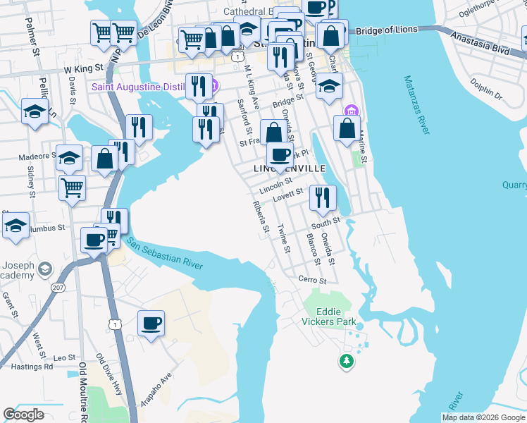 map of restaurants, bars, coffee shops, grocery stores, and more near 132 Twine Street in St. Augustine
