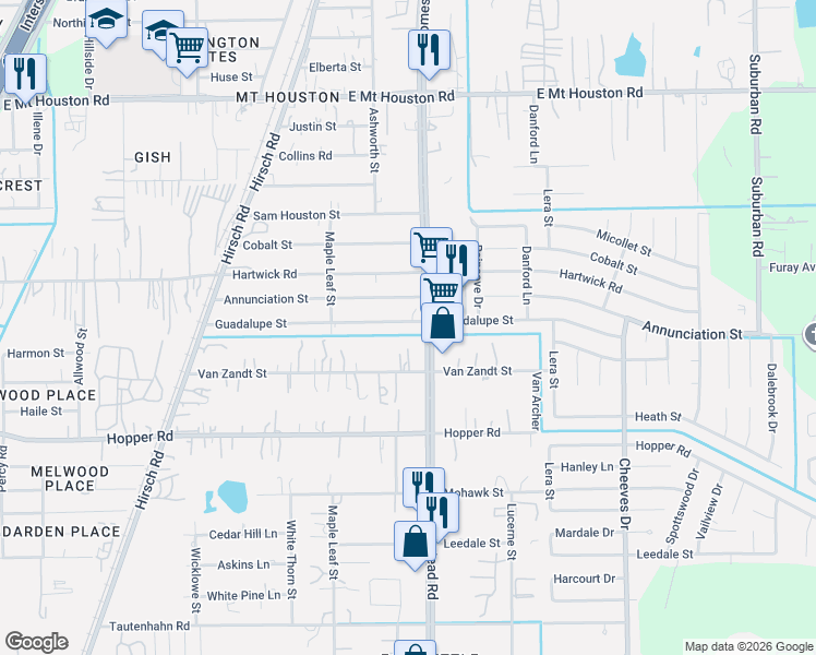 map of restaurants, bars, coffee shops, grocery stores, and more near 11295 Homestead Road in Houston