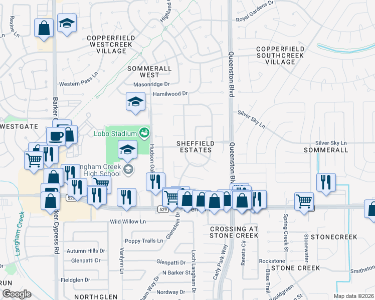 map of restaurants, bars, coffee shops, grocery stores, and more near 17227 Verdant Willow Way in Houston