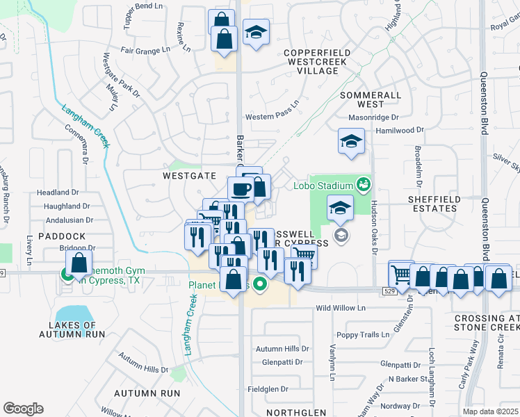map of restaurants, bars, coffee shops, grocery stores, and more near 7160 Barker Cypress Road in Cypress