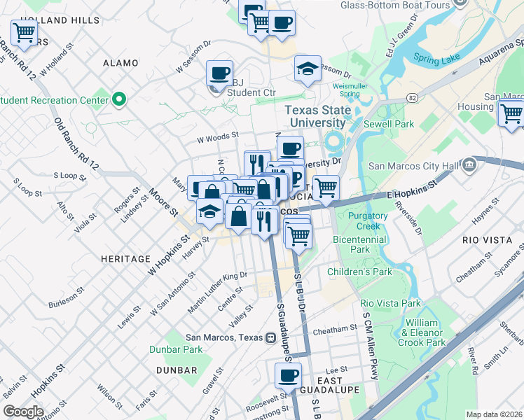 map of restaurants, bars, coffee shops, grocery stores, and more near 126 West Hopkins Street in San Marcos