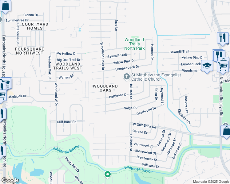 map of restaurants, bars, coffee shops, grocery stores, and more near 7843 Split Oak Drive in Houston