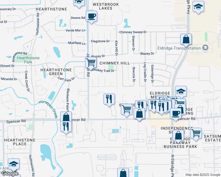 map of restaurants, bars, coffee shops, grocery stores, and more near 13719 Fieldstone Drive in Houston