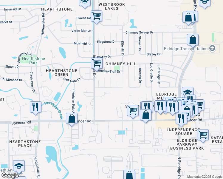 map of restaurants, bars, coffee shops, grocery stores, and more near 13719 Fieldstone Drive in Houston