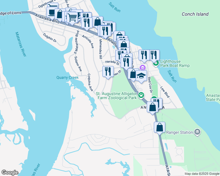 map of restaurants, bars, coffee shops, grocery stores, and more near 123 Ferdinand Avenue in St. Augustine