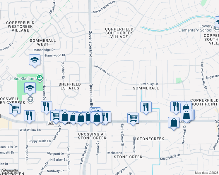 map of restaurants, bars, coffee shops, grocery stores, and more near 7210 Sonnet Glen Lane in Houston