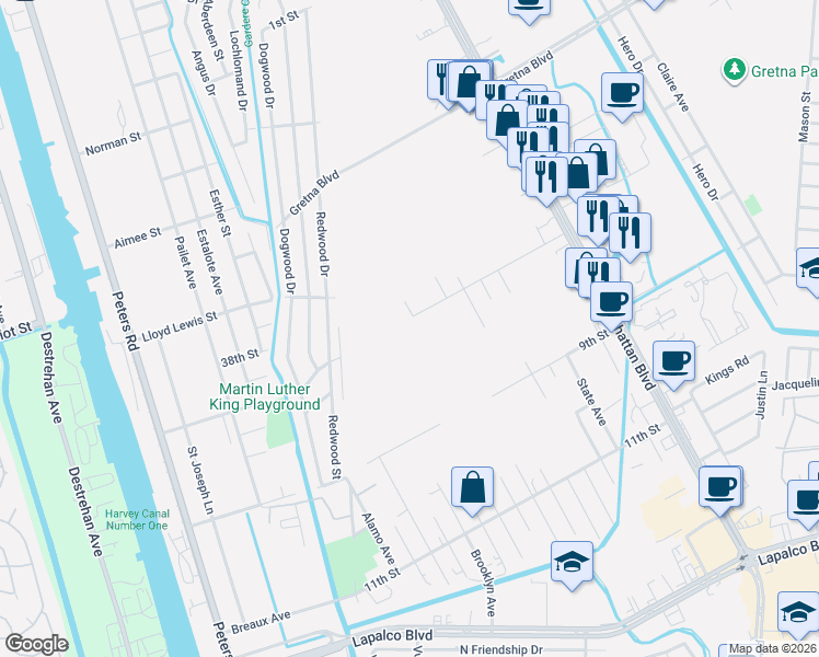 map of restaurants, bars, coffee shops, grocery stores, and more near 1723 Staten Avenue in Harvey