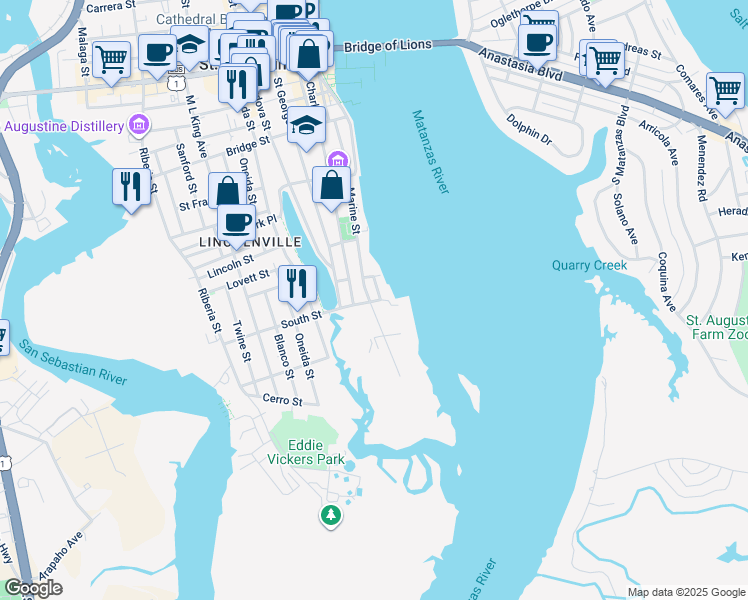 map of restaurants, bars, coffee shops, grocery stores, and more near 152 Marine Street in St. Augustine