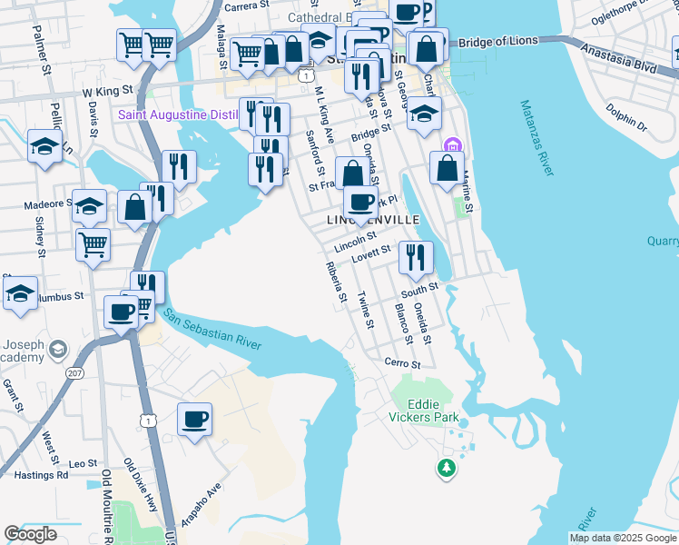 map of restaurants, bars, coffee shops, grocery stores, and more near 132 Twine Street in St. Augustine