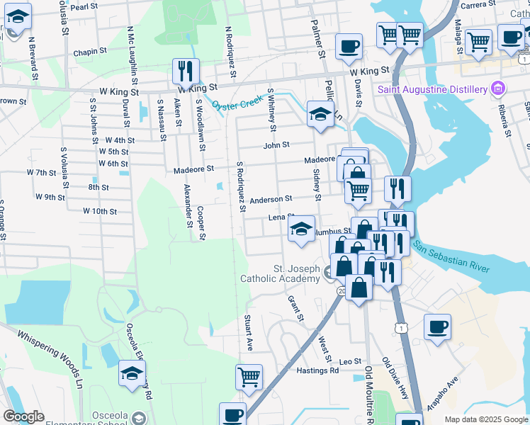 map of restaurants, bars, coffee shops, grocery stores, and more near 561 Lena Street in St. Augustine