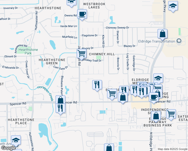 map of restaurants, bars, coffee shops, grocery stores, and more near 13719 Fieldstone Drive in Houston