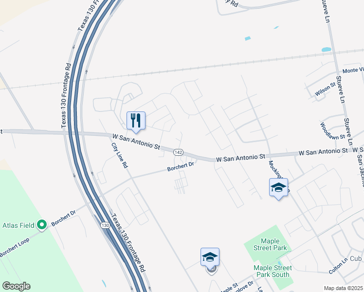 map of restaurants, bars, coffee shops, grocery stores, and more near 1910 West San Antonio Street in Lockhart