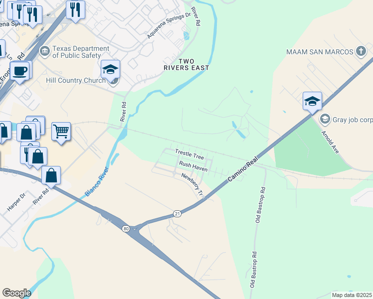 map of restaurants, bars, coffee shops, grocery stores, and more near 303 Trestle Tree in San Marcos