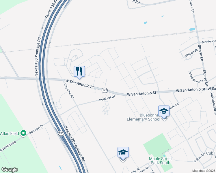 map of restaurants, bars, coffee shops, grocery stores, and more near 1901 West San Antonio Street in Lockhart