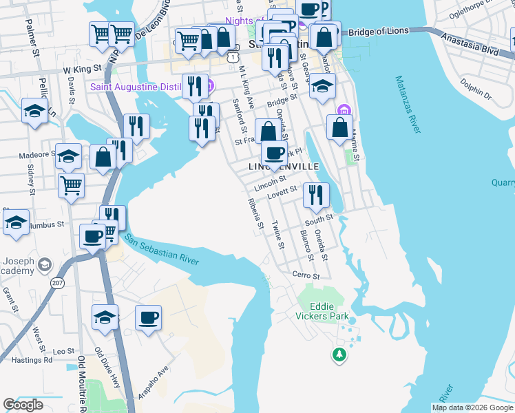 map of restaurants, bars, coffee shops, grocery stores, and more near 132 Twine Street in St. Augustine