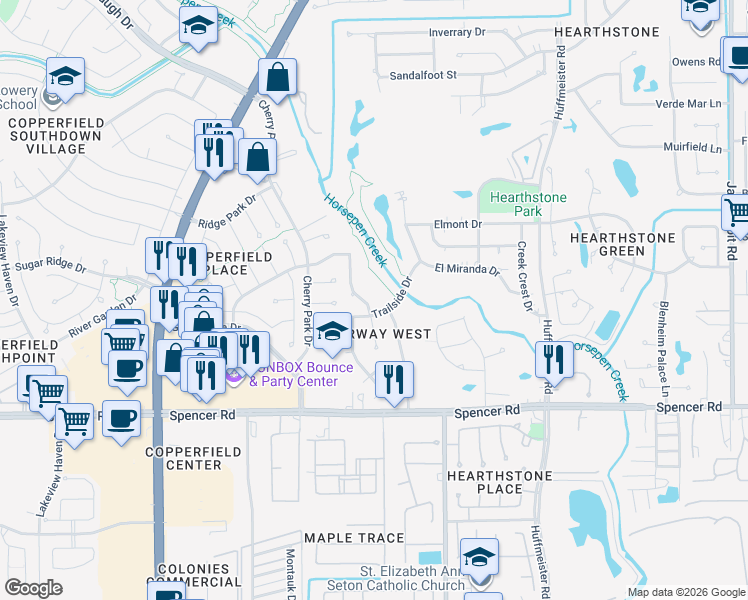 map of restaurants, bars, coffee shops, grocery stores, and more near 7215 Halfpenny Road in Houston