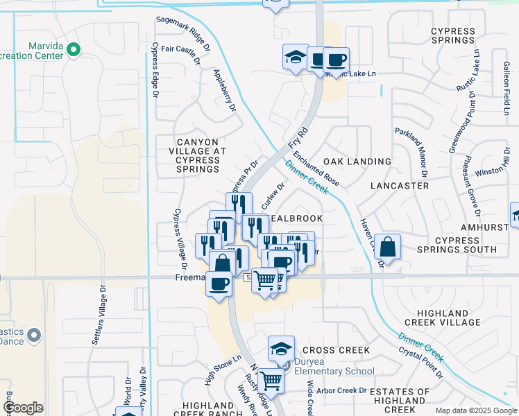 map of restaurants, bars, coffee shops, grocery stores, and more near 7139 Curlew Drive in Cypress
